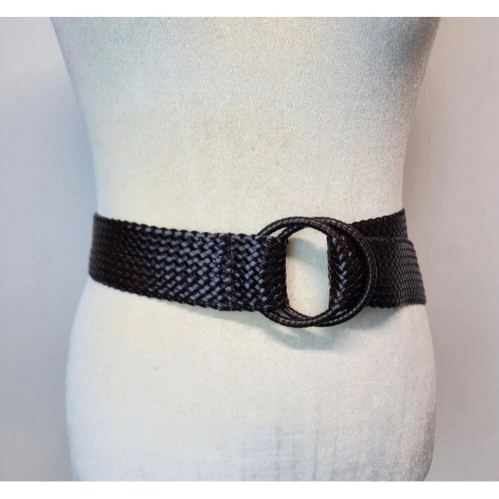 Women's Woven Double Ring Wide Belt Brown One Size Boho Festival Coachella Y2K